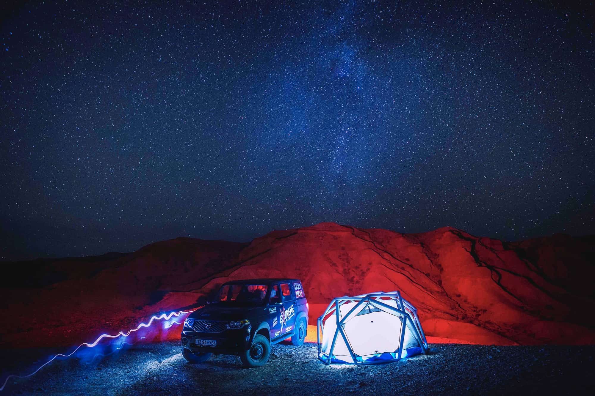 An offroad Mongolia tour campsite beneath a starlit sky